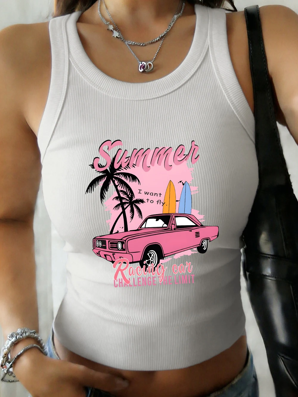 Sommer-Rennwagen-Druck, Basic-Tank-Shirts für Damen, sexy, elastisch, lässig, Baumwolle, schmale Passform, Unterhemden, trendige, weiche Tank-Tops mit O-Ausschnitt