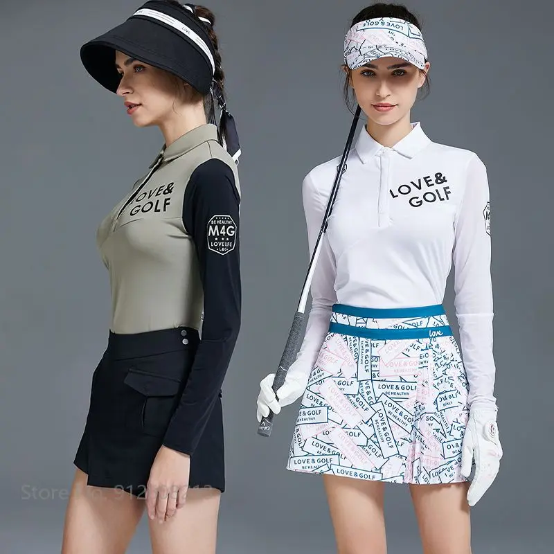 

Love Golf Women Long Sleeve Sunscreen Golf Shirt Printed High Waist Golf Skirt Ice Silk Patchwork Tops Ladies A-line Short Skort