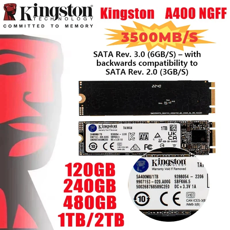 SSD Kingston A400-NGFF M.2 2280, Unidades de Estado Sólido Internas de 2TB, 1TB, 480G, 240G, 120G, SSDs M.2 SATA para Laptop e Desktop
