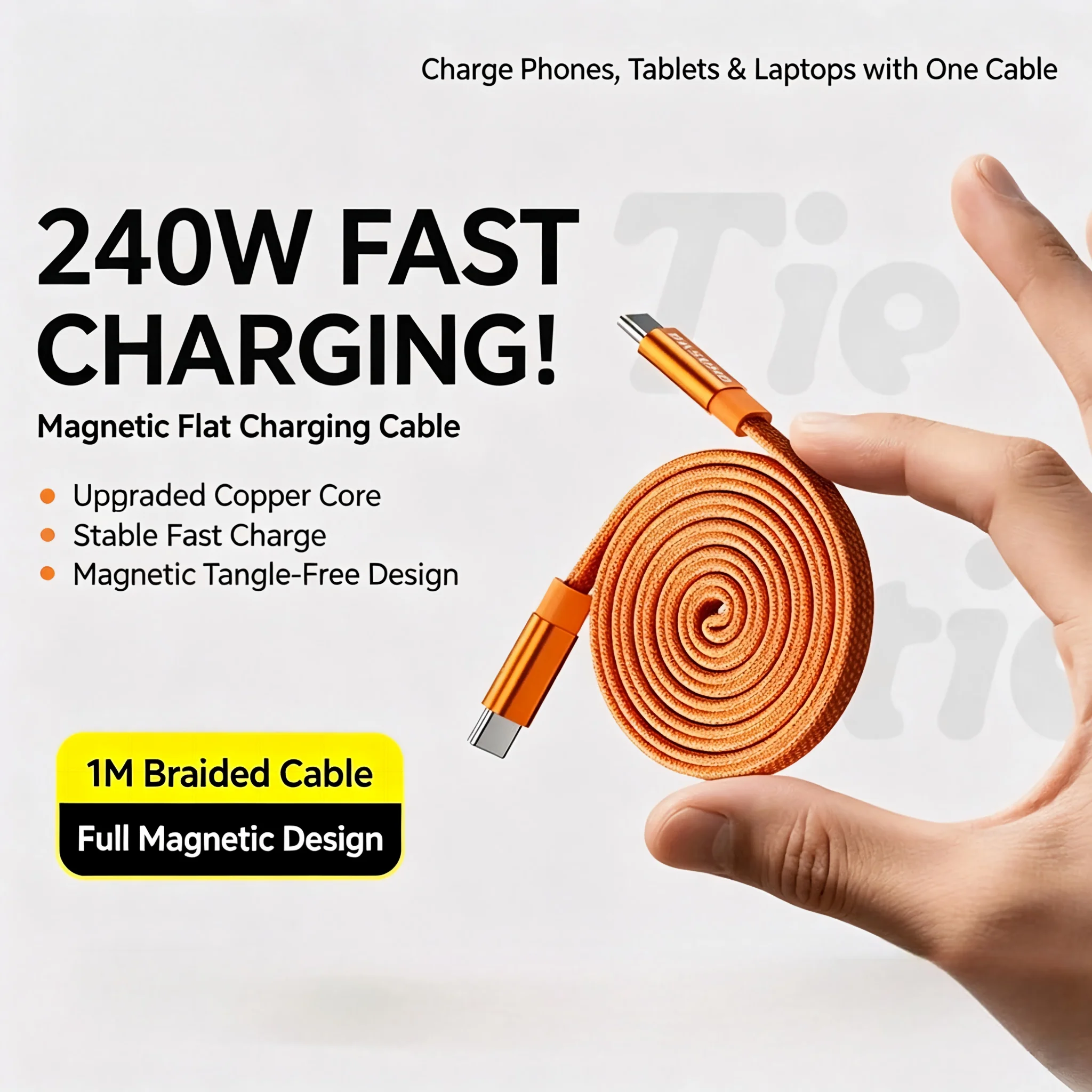 Cable de Datos Magnético Trenzado de 240W USB C a USB C para iPhone, Carga Súper Rápida de 5A