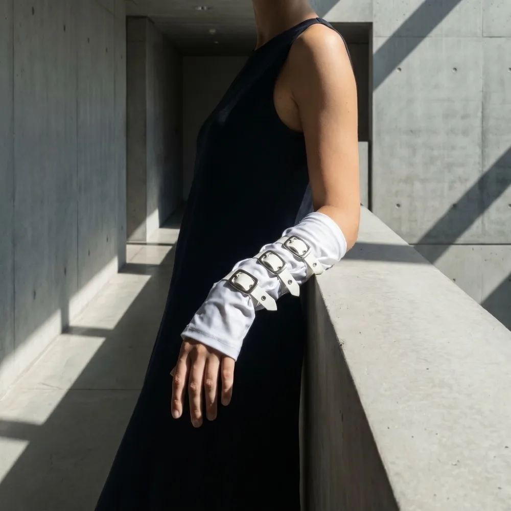 Polyester Punk Arm Sleeves White Metal Buckles Dark Gothic Arm Covers Lightweight Nonstretch Fabric Half-arm Sleeve Gloves