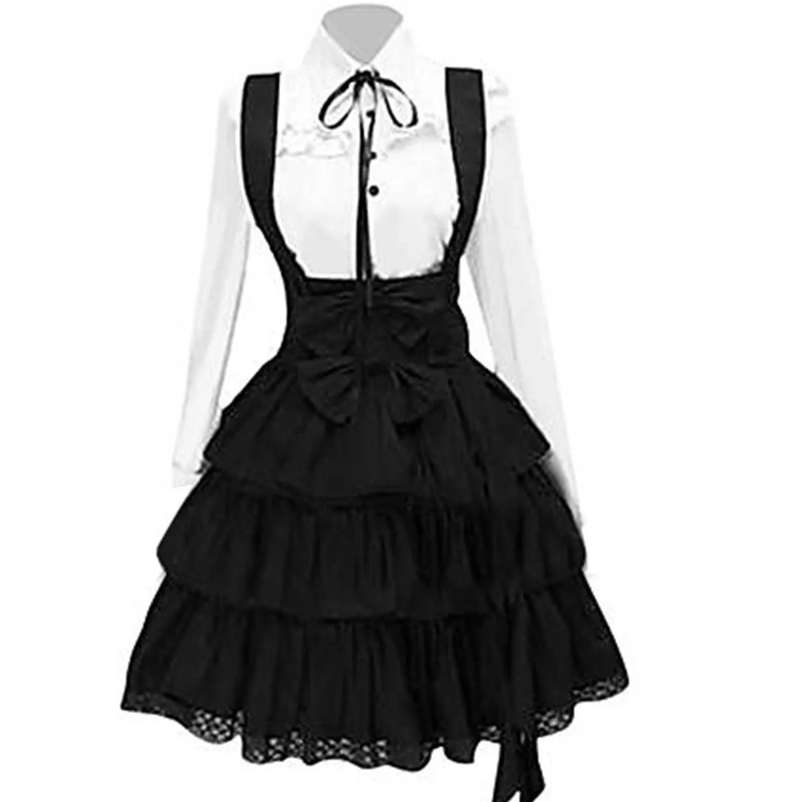 Black Lolita Princess Skirt Suit Costume 2PC Costume 1PC Dress+1PC Bow Tie Pure Color Medium Skirt