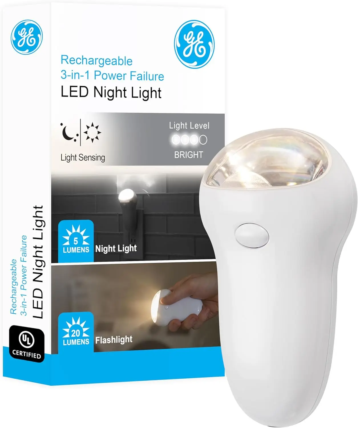 

3-in-1 LED Emergency Night Light, Auto On/Off, Rechargeable, Dusk to Dawn Sensor, Flashlight