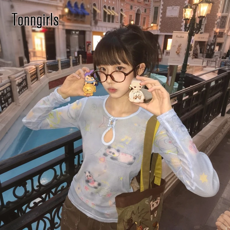 

Tonngirls Y2k Japanese T Shirt Women Long Sleeve Print Graphic Mesh Tops Streetwear Aesthetic 2000s Crop Tops American Retro