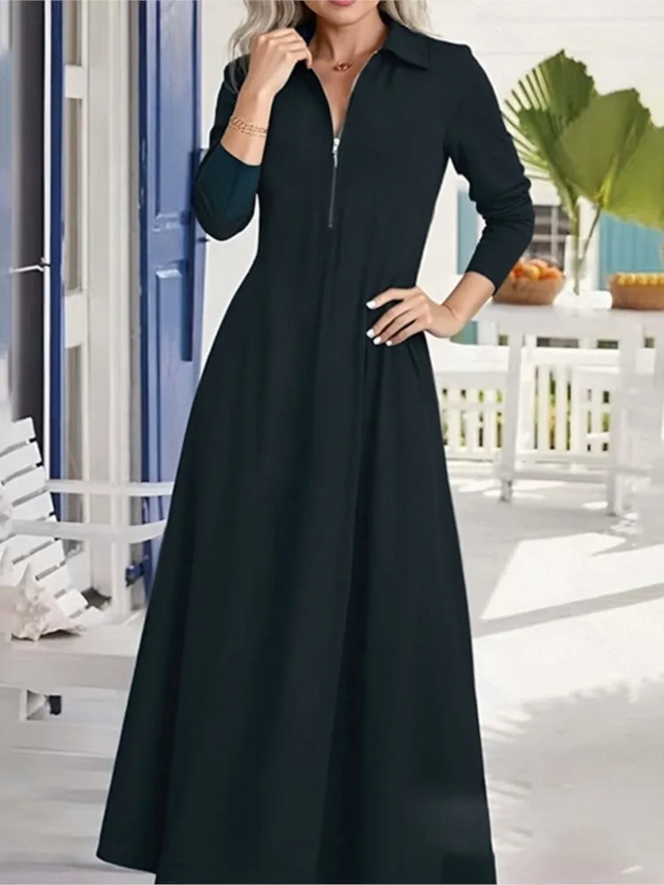 Autumn New Temperament Commuting Dress Women's Elegant And Simple Solid Color Fashion Lapel Zipper Long-sleeved Slim Skirt