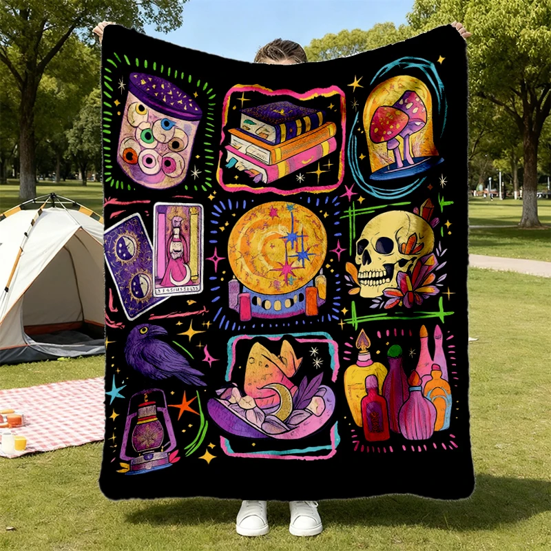 Whimsigoth Halloween Comfy Blanket, Vibrant Gothic Witch Flannel Blanket, Mystical Apothecary Fall Gift