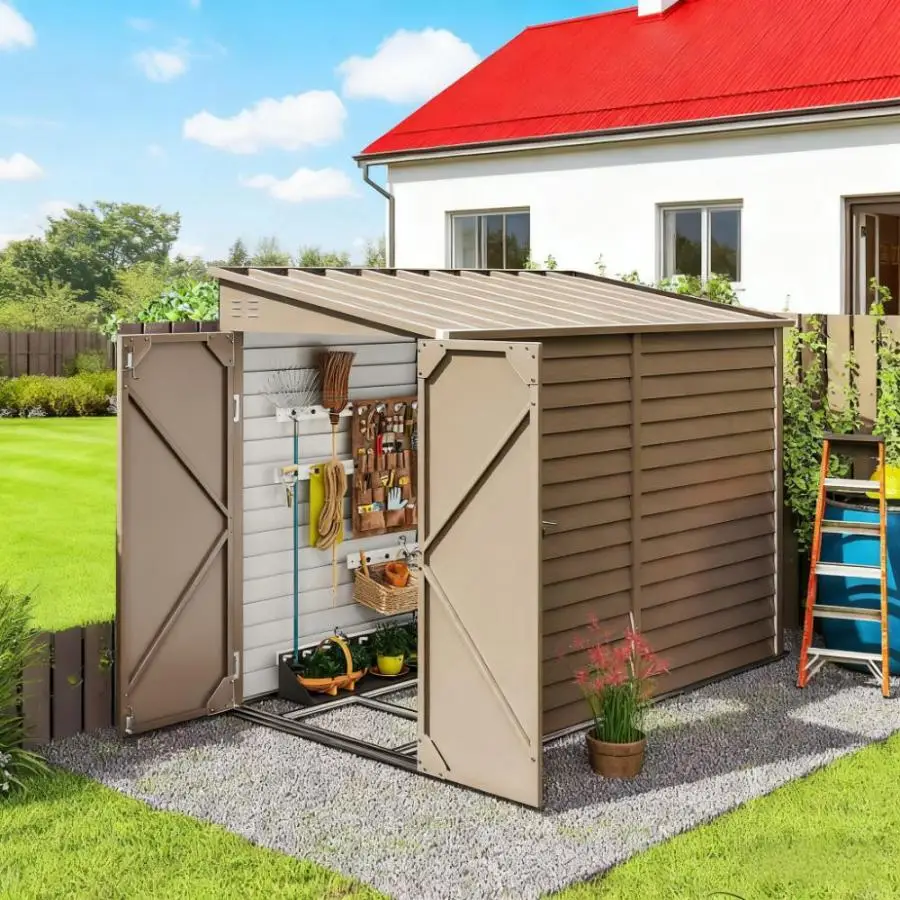 Outdoor Storage Shed Brown Metal Shed with Foundation Kit, Lockable Doors and Gloves for Patio, Law For Garden, Backyard, Patio