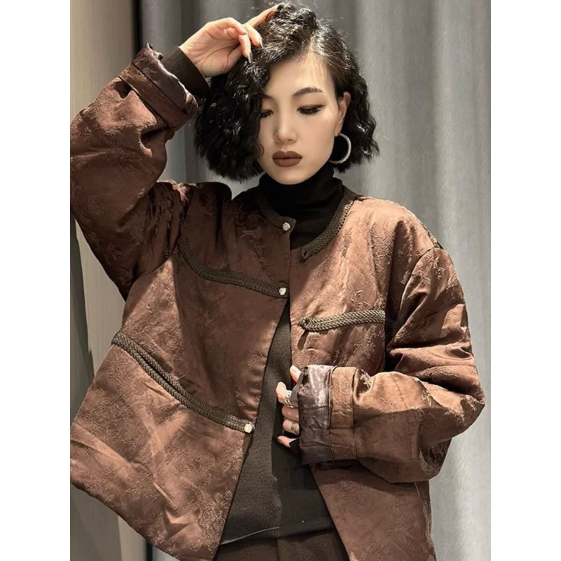 

New High-end Super Good-looking Street-style Brown Buttoned Cotton Jacket for Women 2025 Winter New