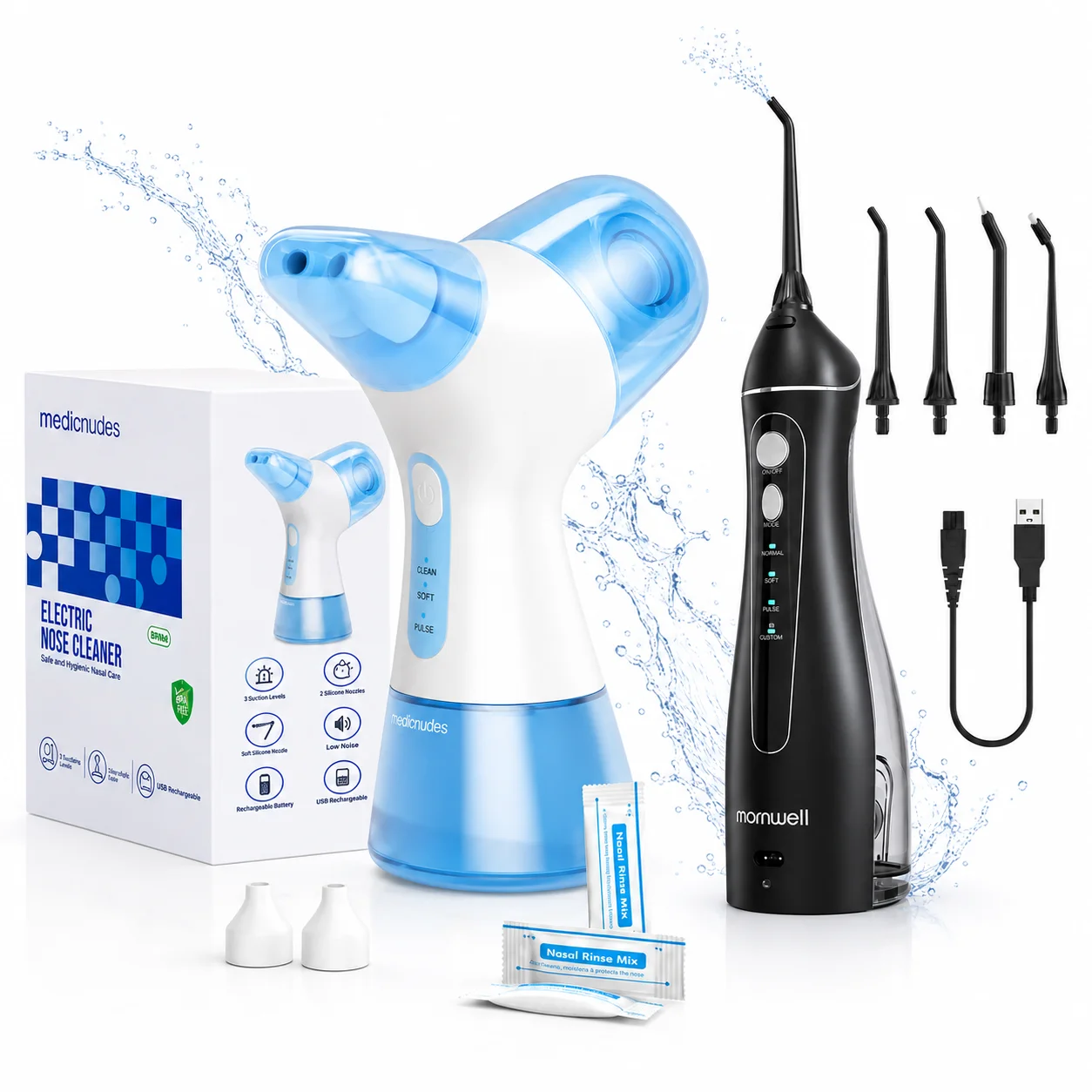 Kit d'irrigateur nasal et de brossette à eau rechargeable 2-en-1 avec 30 sachets de solution saline, système de rinçage nasal et de nettoyage buccal électrique portable pour le confort des sinus, les soins des dents et des gencives, utilisation à domicile, au bureau et en voyage