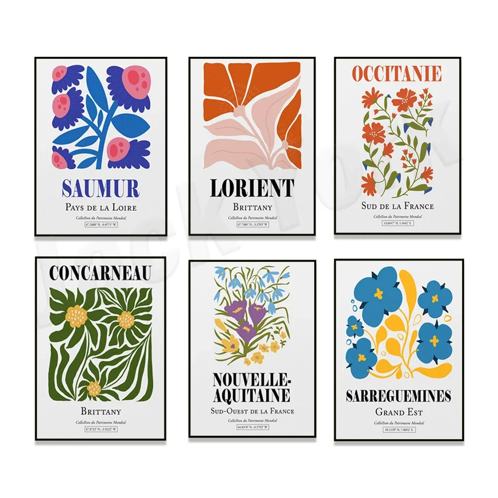 Frankreich Barre do Grande, Bastia, Korsika, Loire Valley, Saumur, Occitanie, Lorient, Bretagne, neue Aquitaine-Blumen, Reiseposter