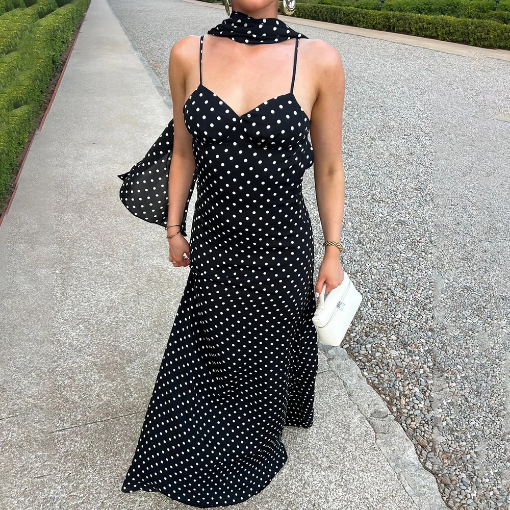 

Talenza Polka Dot V-neck Long Dress Women Elegant Scarf Ribbon Backless Halter Long Dress Vintage Y2k Luxury Women Evening Dress