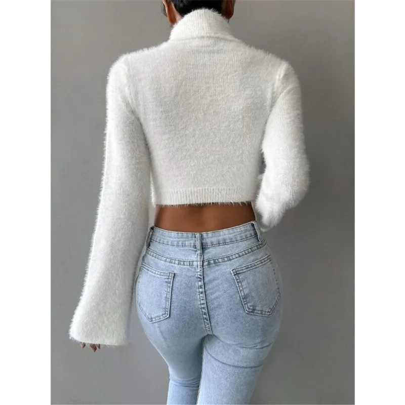 Women\'s High Neck Crop Open Belly Button Plush Sweater Autumn & Winter Temperament Woman Fashion Long Sleeved Casual Pullover