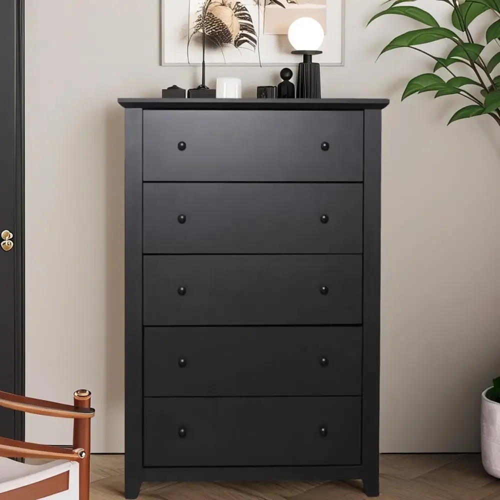 Tall Black 5-Drawer Wooden Dresser Bedroom Chest Closet Storage Organizer