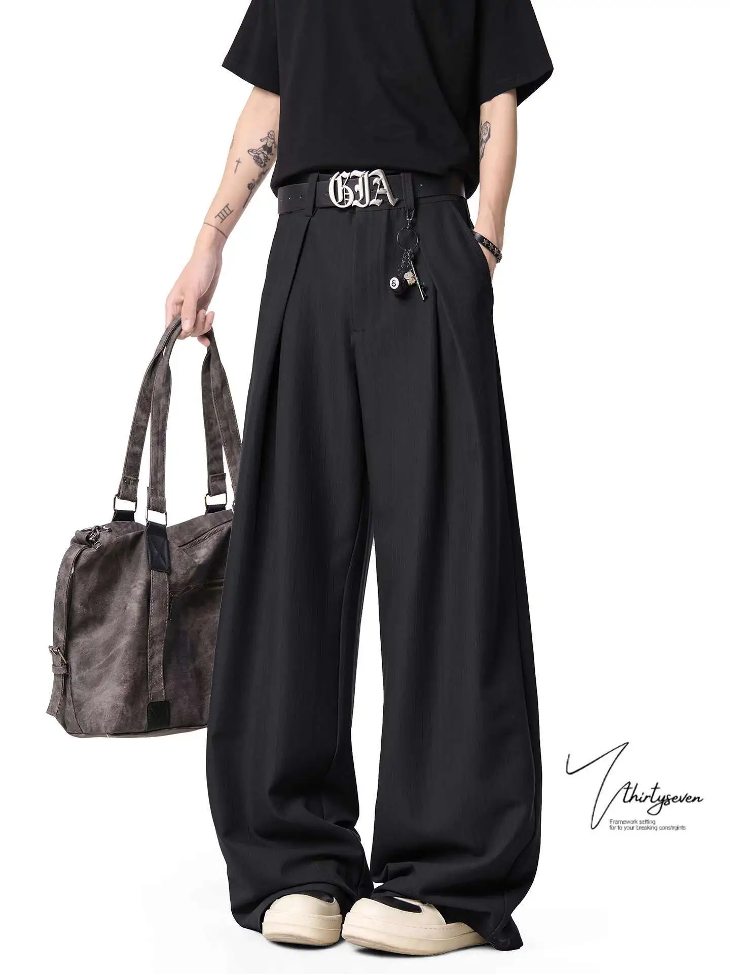 

High Waist Wide Leg Pants Man American Style Design Pleated Wide-Leg Trousers For Men Loose Draped Floor-Length Casual Pants