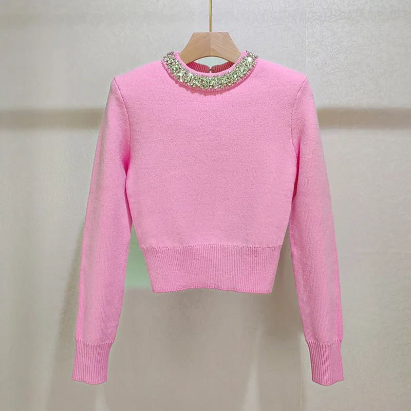 

Серый или розовый свитер со стразами, женский элегантный пуловер с круглым вырезом и длинными рукавами, темпераментный трикотаж, коллекция 2024, осень-зима