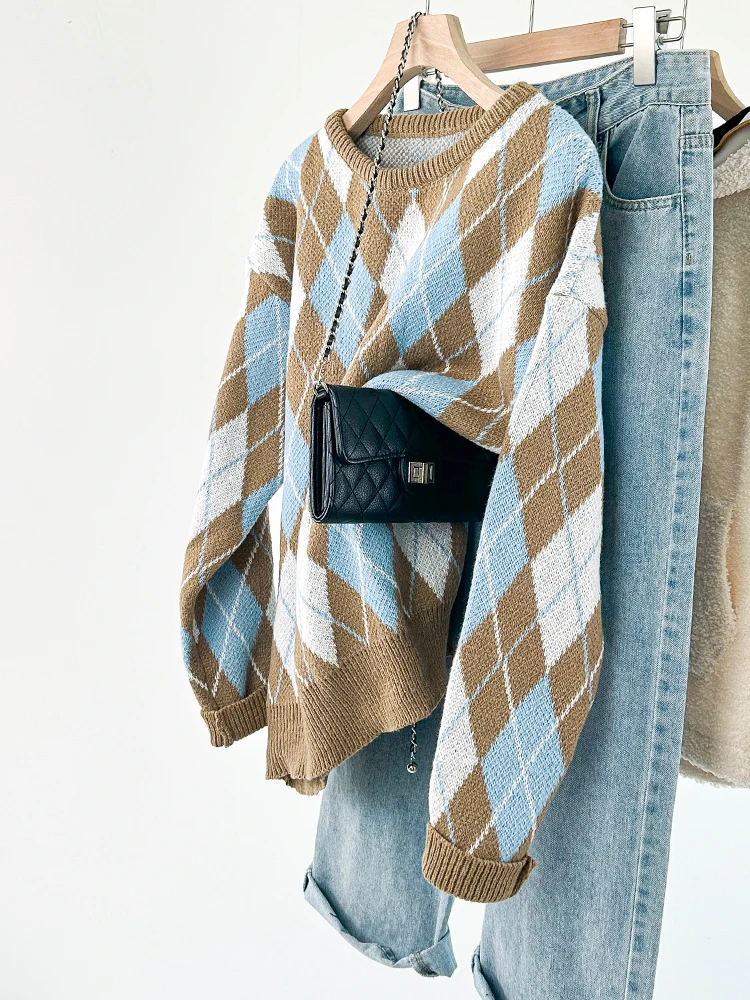 

INZEVUKA Soft Diamond Pattern round Ne Knitted Sweater Women Winter New Lazy Sle Versatile Top Comfortable Loose Fit