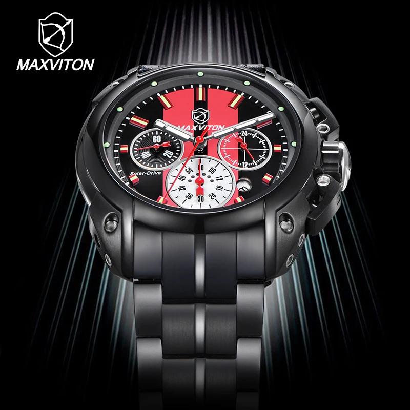 MAXVITON Multifunctional Sports Solar Watch for Men, Fashion Waterproof, Day & Date Display, Stainless Steel Band Wristwatch