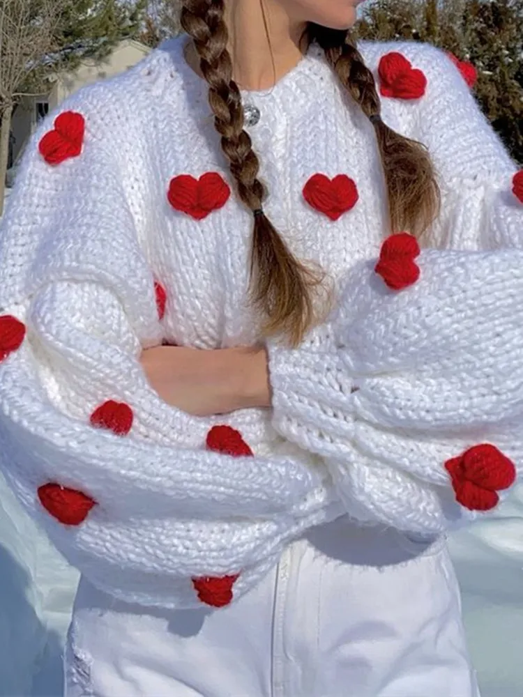 2022 Sweet Hand Made Crochet 3D Heart Ball Cropped Cardigan Woman O neck Long sleeve Knitting Coarse Sweater Knitwear Jumper