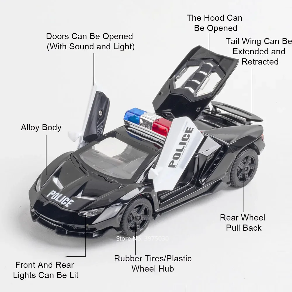 1:32 سبيكة دييكاست LP770-4 نماذج سيارات الشرطة اللعب 3 أبواب مفتوحة الإطارات المطاطية عجلة السيارة التراجع سيارة الأولاد الديكور الهدايا