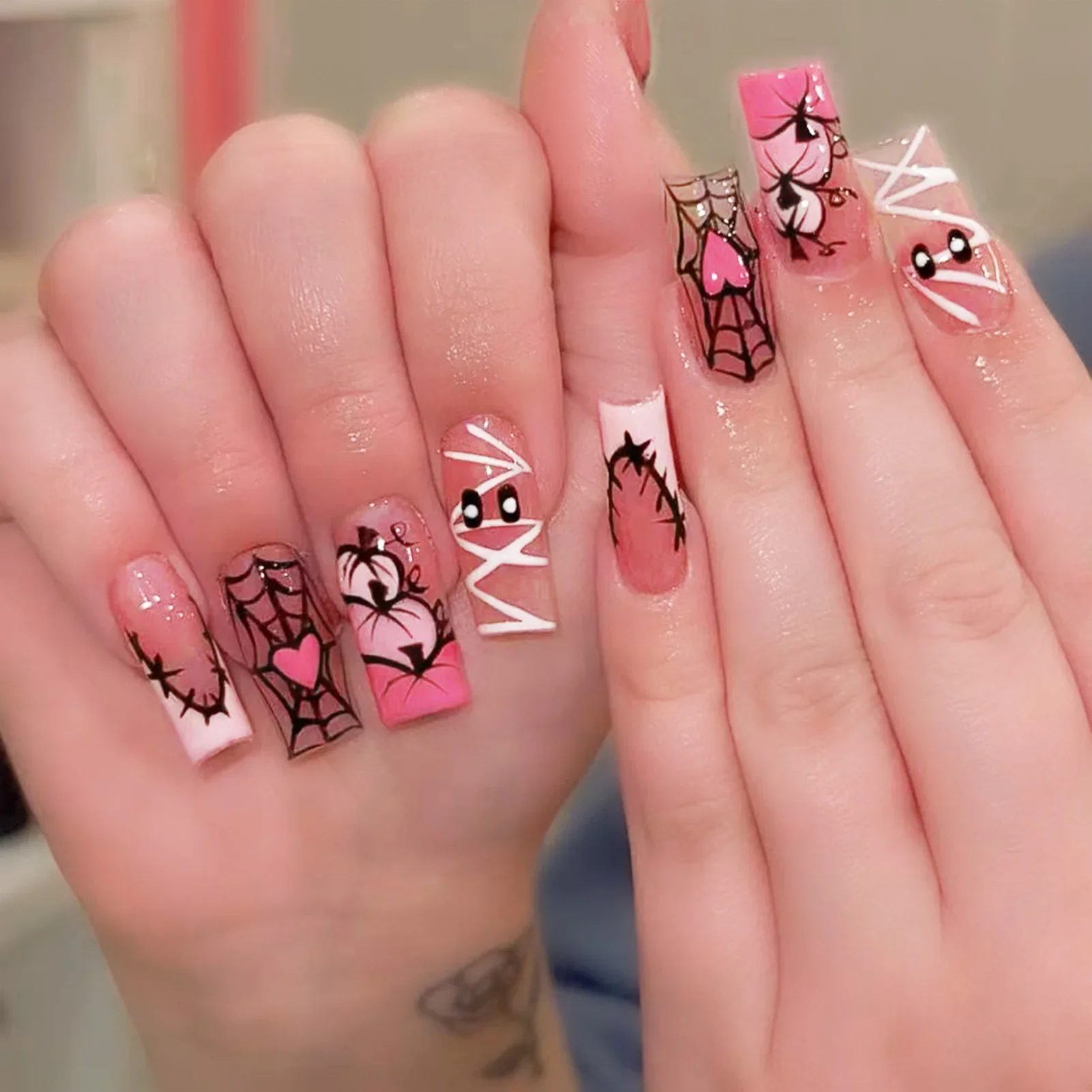 24pcs Sweet Cool Halloween False Nails Pink Medium Coffin French Fake Nails Bandage Ghost Spiderweb Pumpkin Design Press On Nail