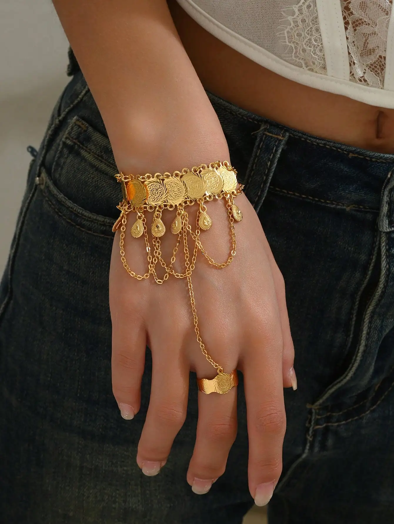 Luck 18k Gold-plated Vintage Style Openwork Engraved Flower Multi-layered Link Ring and Coin Tassel Back Bracelet