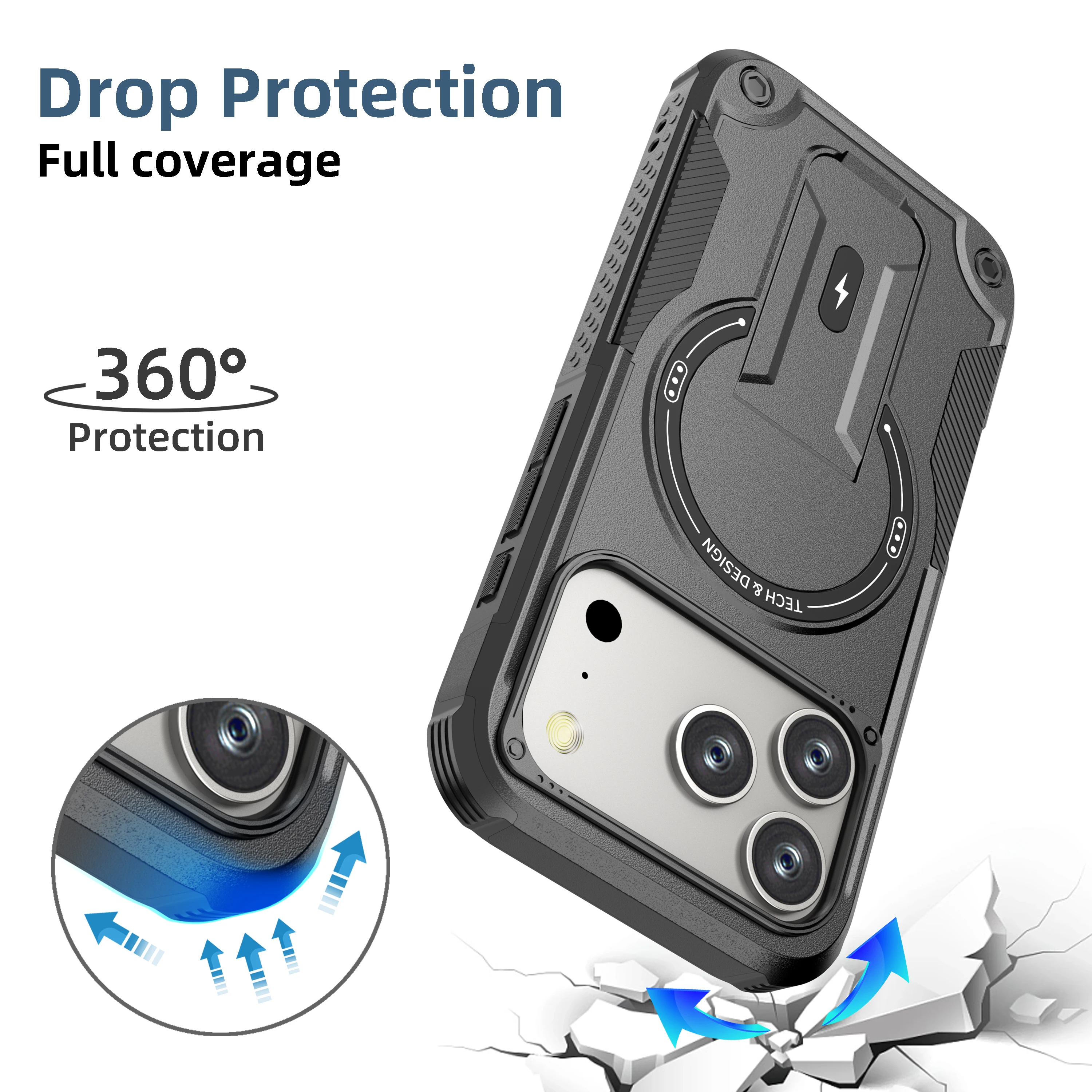 Suporte dobrável armadura magnética caso de telefone para iphone 17 ar 16e 16 15 14 plus 13 12 pro max 11 suporte invisível capa dura
