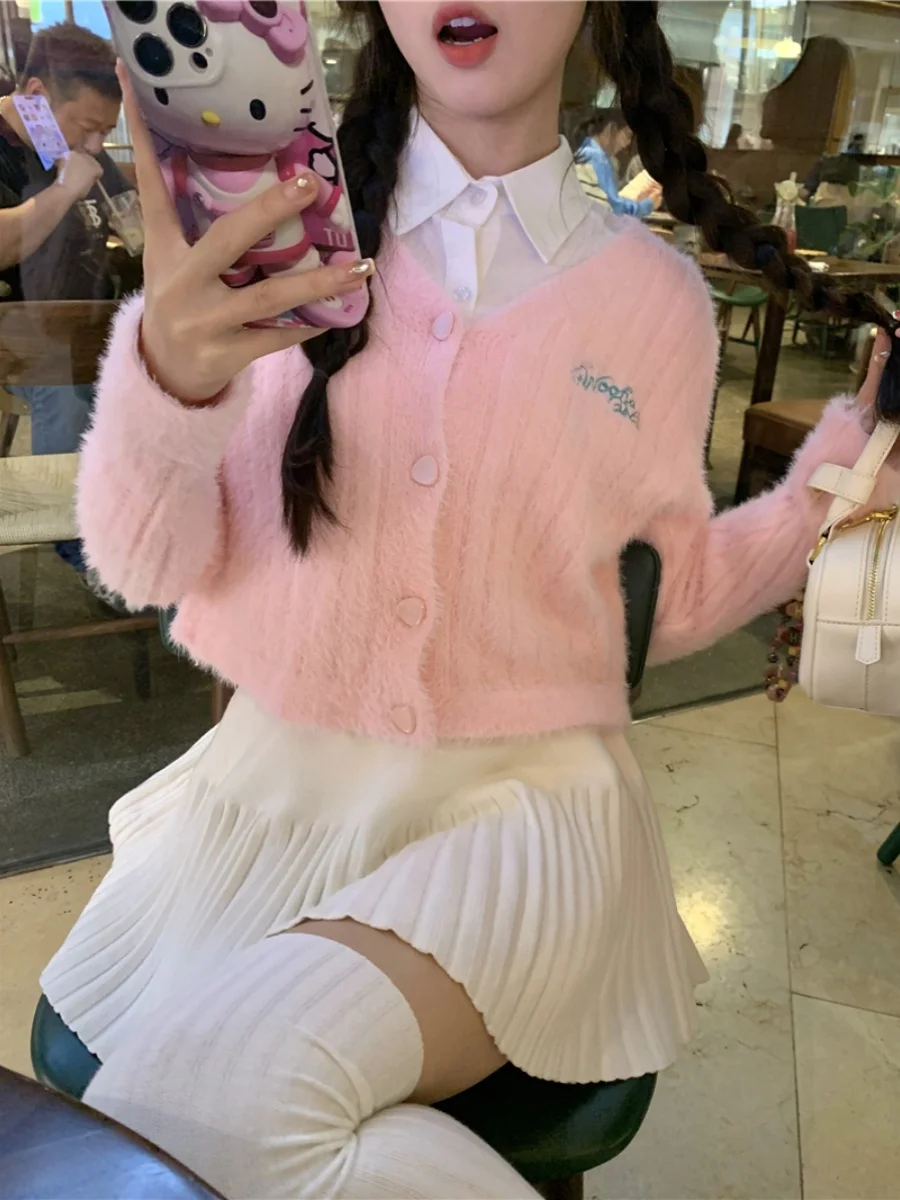   클로젯 PPH 또는 니트 가디건 여성용 브이넥 인조 밍크 벨벳 부드럽고 달콤한 겨울 패션 여성 스웨터