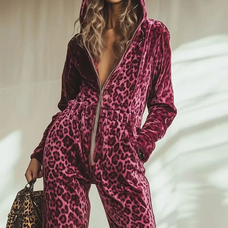 Combinaison Vintage taille haute avec poches pour femme, combishort décontracté, manches longues, fermeture éclair, capuche, imprimé léopard, nouvelle collection automne hiver