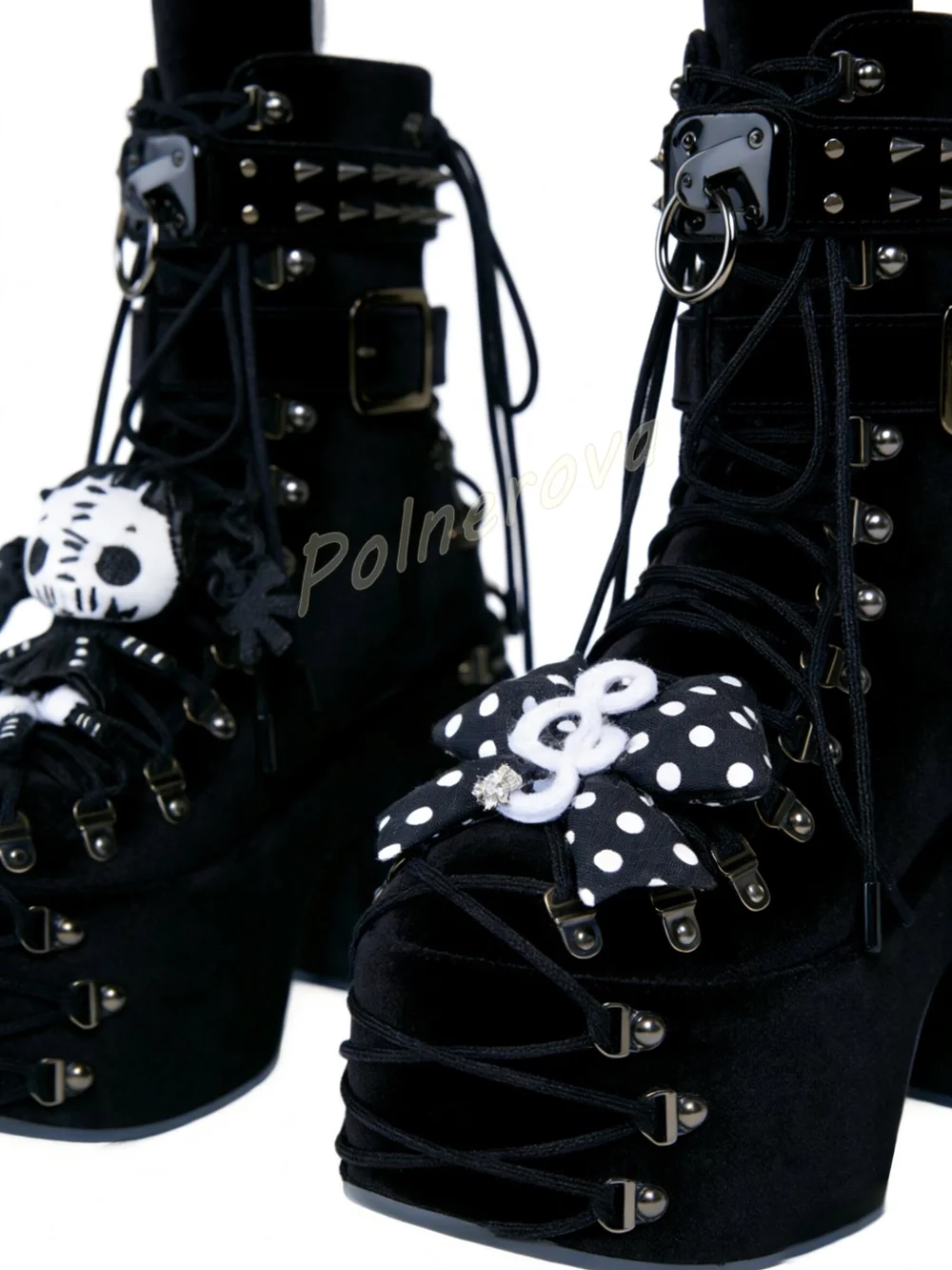 Velvet Doll Bow Spike Rivet Ankle Boots Gothic Platform Women Buckle Lace Up Chunky High Heel Shoes Black Punk Party Goth Shoes