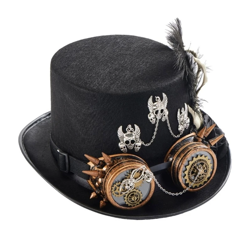 Flat Top Hat Steampunk Hat Medieval Halloween Women Hand Skeleton Goggles Hat Dropsale