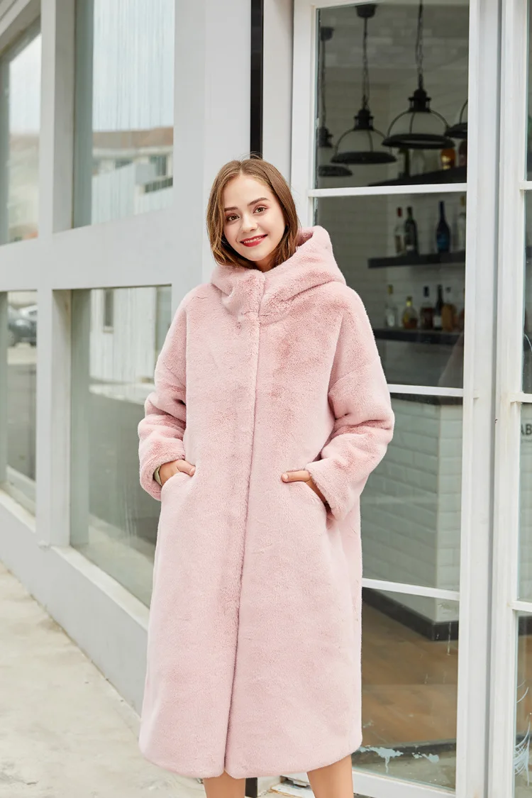 Hooded Winter Faux Fur Coat Long Women Loose Warm Faux Fur Jacket Casual Long Sleeve Imitation Rabbit Hair Teddy Coat Outerwear