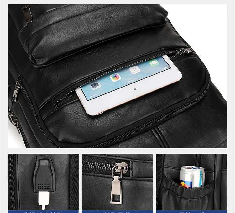 Hohe Qualität USB Lade Rucksack Männer PU Leder Rucksack Große Laptop Rucksäcke Männlichen Mochilas Schul Für Jugendliche Jungen – Detail 9