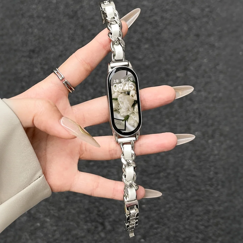 Pulseira feminina simples e fina para xiaomi mi band 8/9/10/nfc luz corrente de luxo pulseira de metal para miband 10 9 8 correa mi band