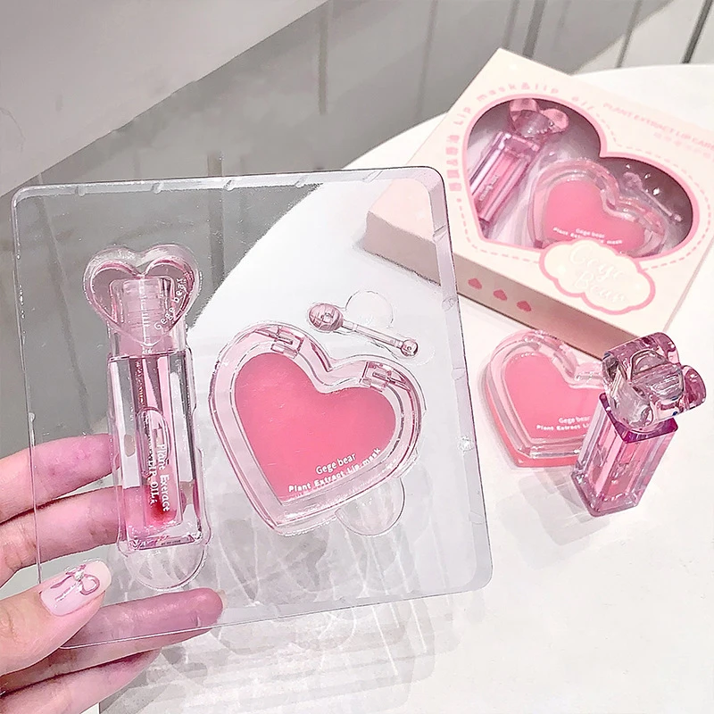 Ensemble de soins pour les lèvres en forme de cœur rose, hydratant, réduit les rides sèches, teinte transparente, miroir, huile pour les lèvres DUDU, masque pour filles, Base de maquillage