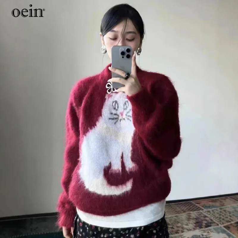 [oein]Sweet Nd Cute Ct Pttern Pullover Sweter For The Winter Of 2024, With Lzy Nd Relxed Style. It Is Loose And