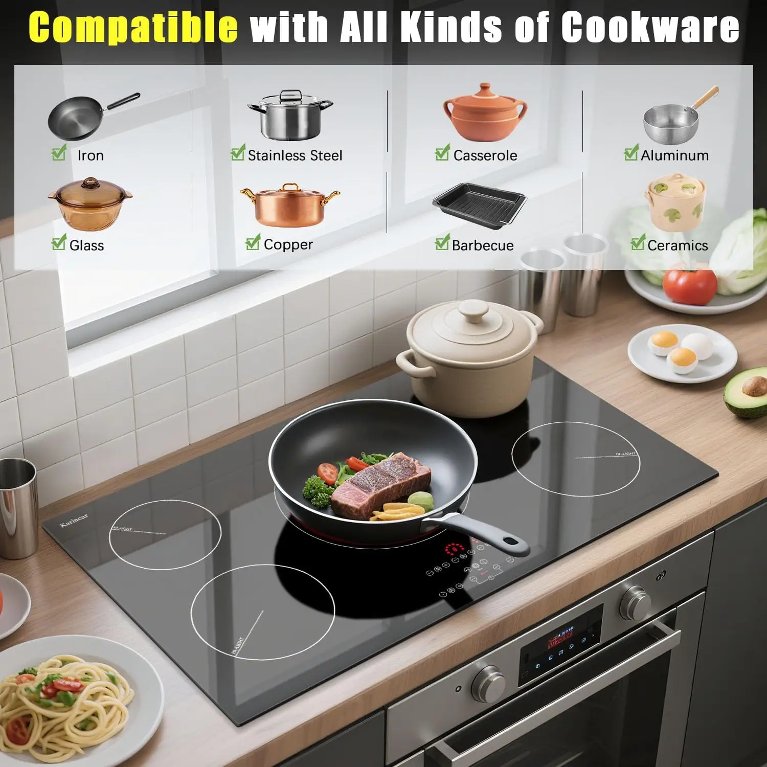 Karinear Electric Ceramic Stove Top 36 Inch Built-in, 5 Burners, Pause, Timer, Safety Lock,Triple Ring Expandable, 9400W, 240V