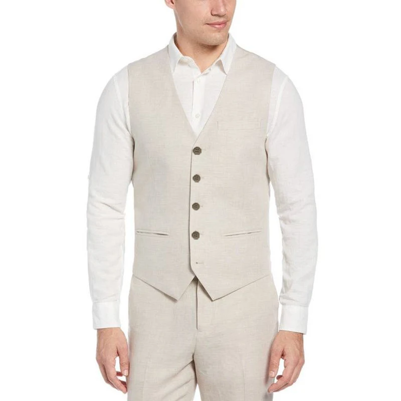 Luxury Beach Wedding Beige Linen Men\'s Suits Single Breasted Solid Color Formal Occasion 1 Piece Vest Elegant Waistcoat