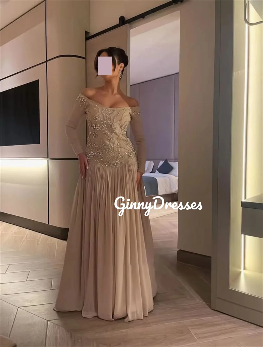 فساتين للحفلات الراقصة على شكل حرف a مخصصة خارج الكتف بطول الأرض مطرز فساتين سهرة فاخرة بأكمام طويلة Vestidos De Fiesta Zi #4