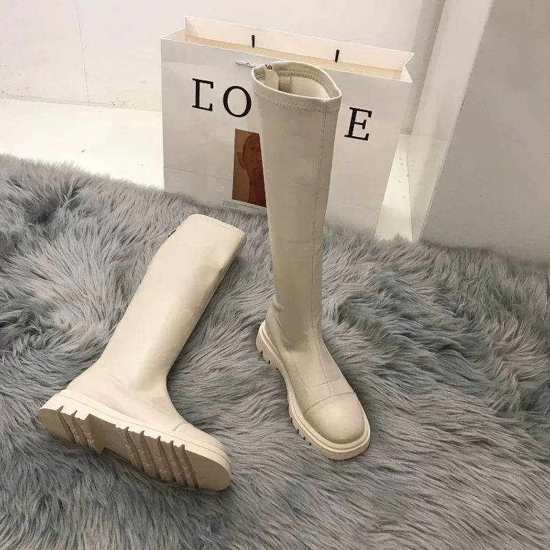 Women Platform Boots 2023 Winter Gothic Shoes Long Boots Women Fashion Black Beige Mid Calf Boots Round Toe Slip on Riding Boots