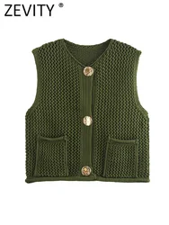 Zevity New Women Sleeveless Big Buttons Design Hollow Out Crochet Short Knitting Vest Sweater Female Chic Waistcoat Tops SW6265