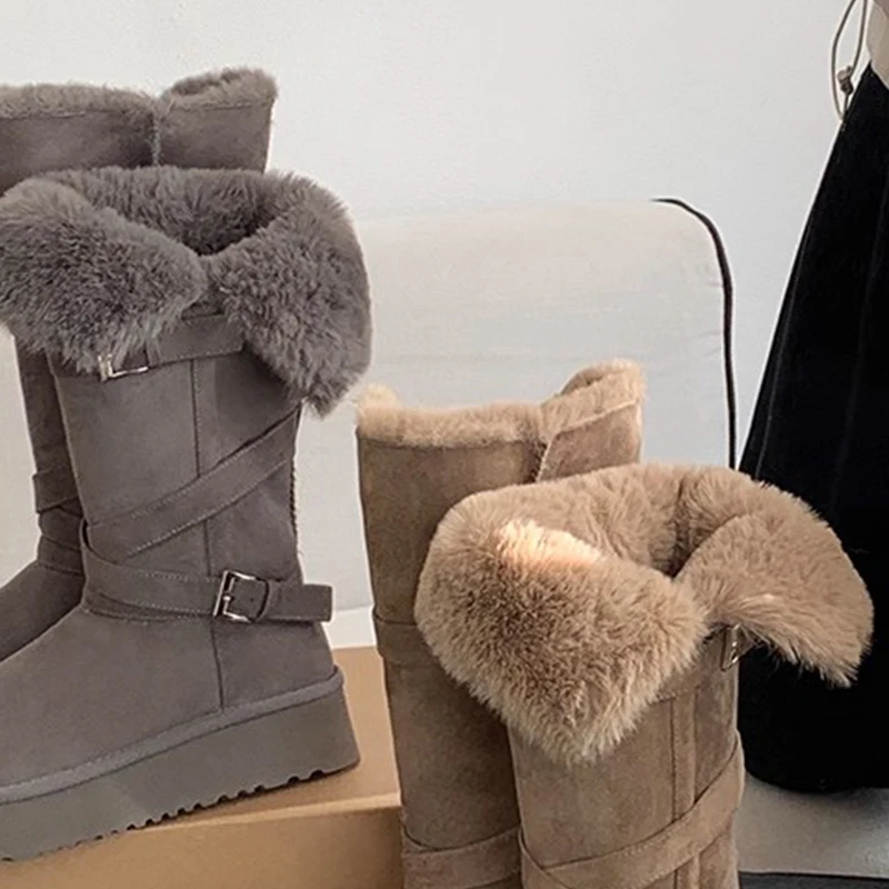 النساء الفراء منتصف العجل الأحذية أحذية منصة مسطحة أفخم حذاء الثلج عالي الرقبة دافئ 2025 الشتاء الاتجاه أحذية رياضية أحذية تشيلسي عادية De Mujer