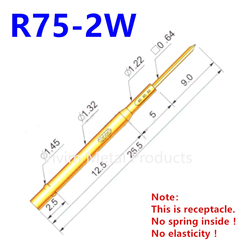 100PCS R75-2W Test Pin P75-B1 Receptacle Brass Tube Needle Sleeve Seat Wire-wrap Probe Sleeve Length 26.5mm Outer Dia 1.32mm