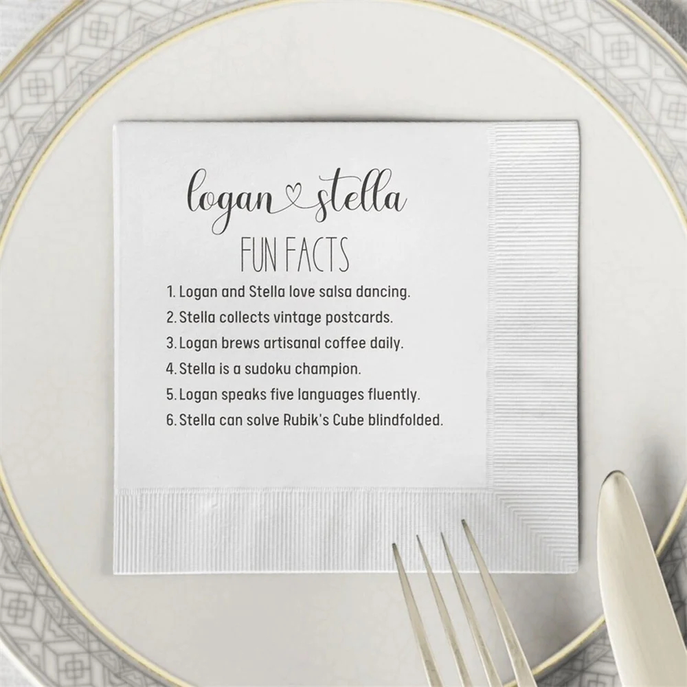 

50PCS Fun Facts Custom Wedding Cocktail Napkins • Bridal Shower • Rehearsal Dinner • Reception Cocktail • Trivia Personalized •