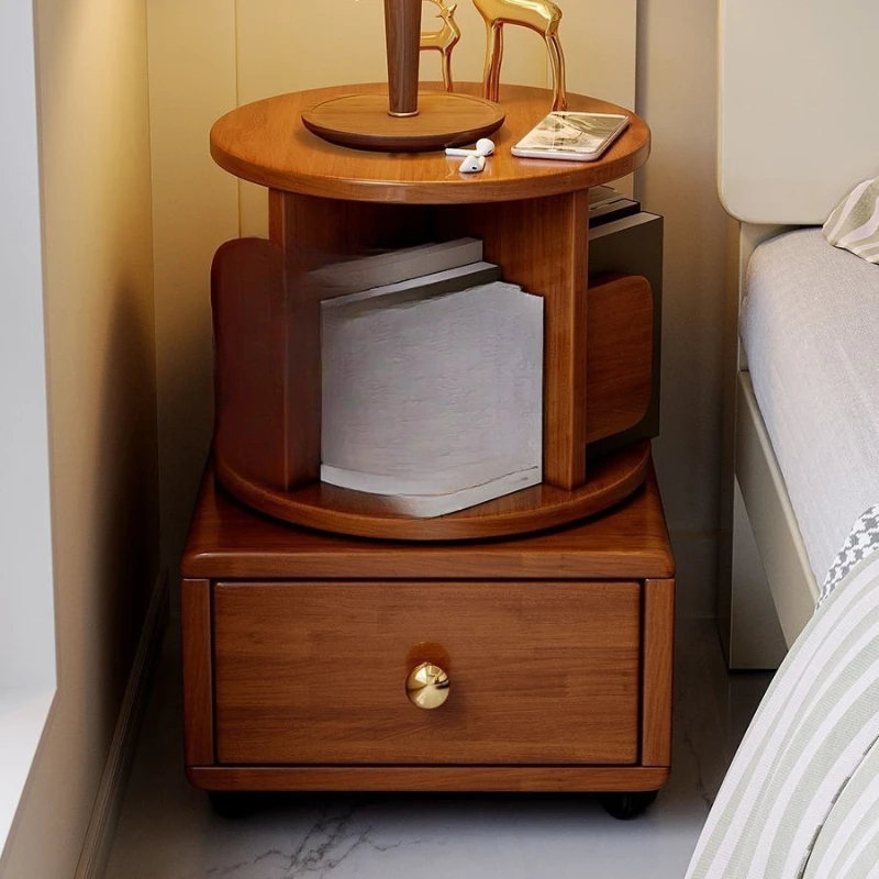 

Solid wood bookshelf household bedroom rotatable with roller bedside table small apartment bedside multi-layer shelf