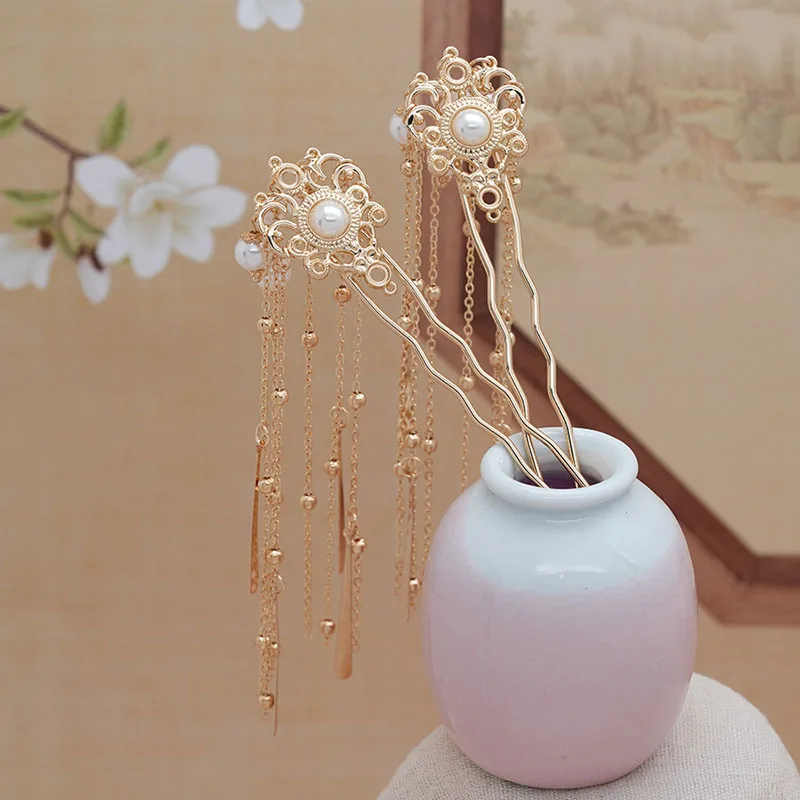 Chinesische Perlen-Quasten-Haarnadel, elegantes Hanfu-Qipao-Haar-Accessoire mit schüttelnder kleiner U-förmiger Palast-Haarnadel für den täglichen Gebrauch – Detail 2