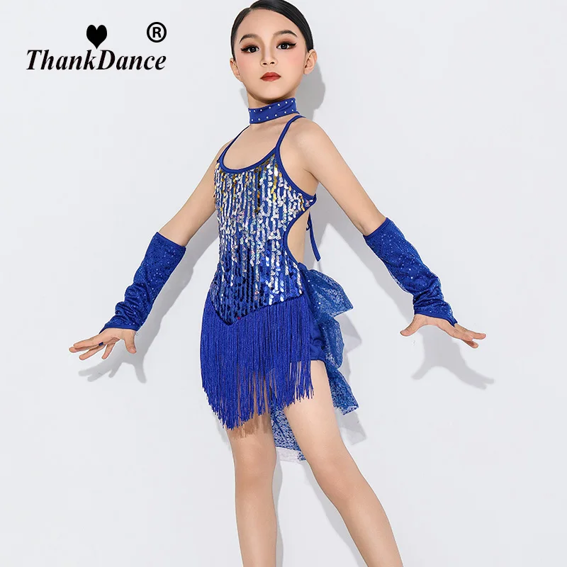 Performance Samba Tassel Latin Dancewear Costumes Girls Salsa Ballroom Fringe Sequins Latin Dress For Girls Kid Latin Dance