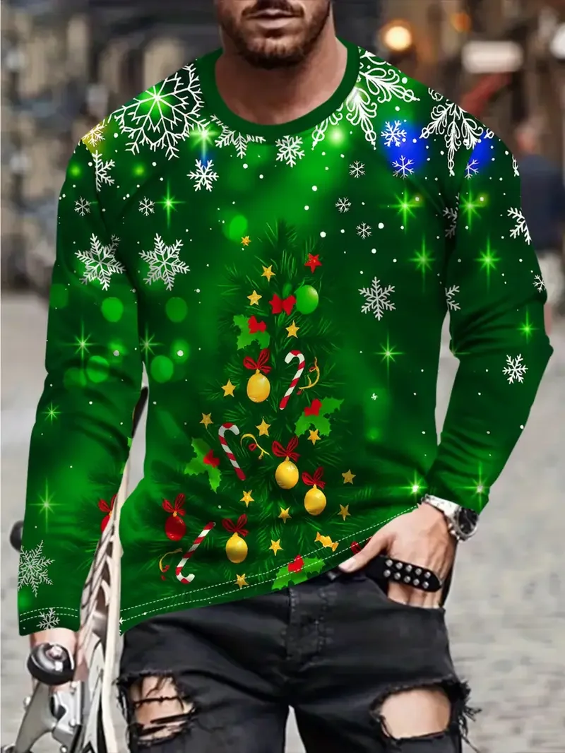 Funny 3D Graphic Long Sleeve Man T-Shirt Fashion Santa Clause Pattern O-Neck Pullover Men's Christmas Elements Casual Tops Shirt