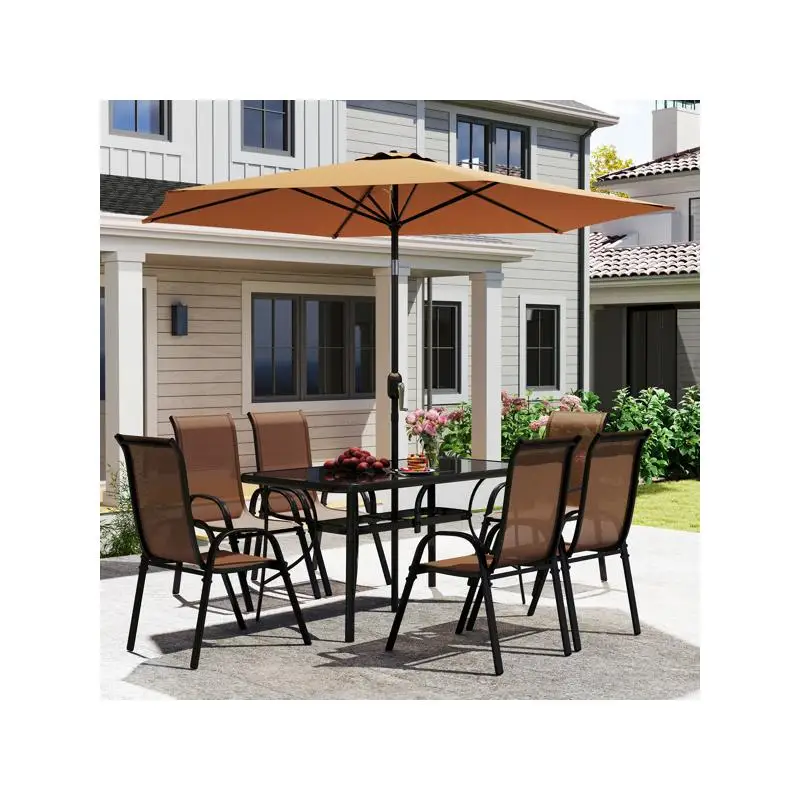 Outdoor dining table and chair set with umbrella for patio use