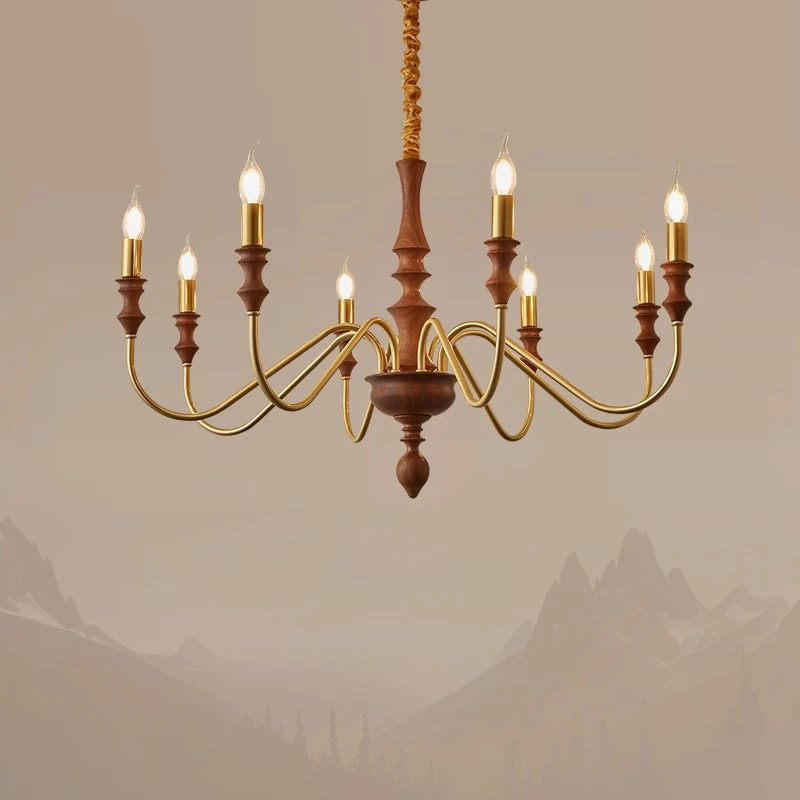 

Walnut Wood Brass Candle, Vintage Retro style, Chandelier light for Living Room, Bedroom, Dining Room, Study, Kitchen