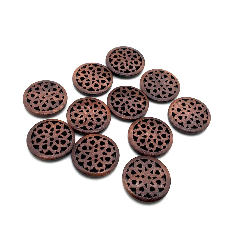 30PCS/Lot 25mm Dark Red Color Hollow Out 2-holes Round Wooden Buttons For Sewing Clothing Scrapbooking Crafts Home Decor QTG245